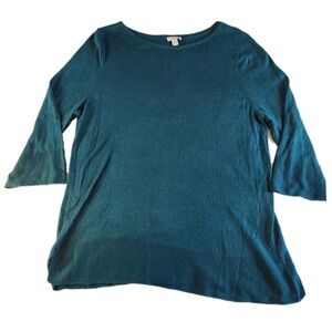 J JILL Pullover Sweater Womens Large Teal Shirt Top Linen Cotton Long Sleeve